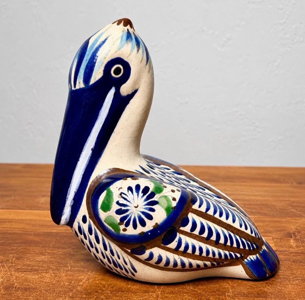 Vintage Mexican Tonala Pottery Pelican Bird Figurine Hand Painted Blue Folk Art